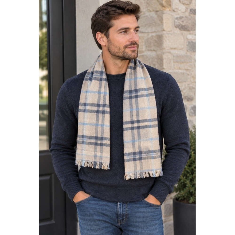 Mens Tartan Plaid Tan Scarf Fringe Nova Check casual Rectangle Neck Scarf 9X56